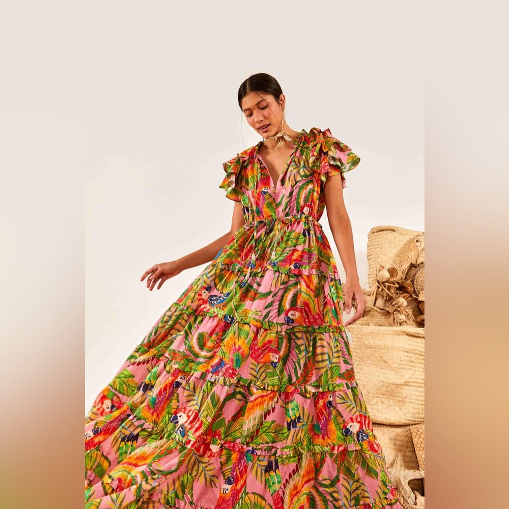 NWT Farm Rio Pink Macaw Leaves Flutter Sleeve Maxi Dress